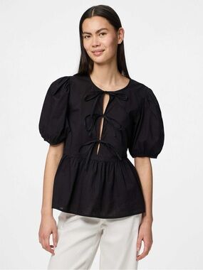 ASOS Black Tie-Front Peplum Blouse with Puff Sleeves GANNI DUPE